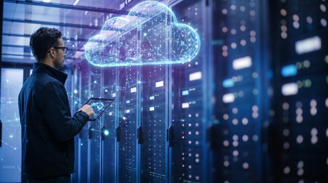 IT engineer managing data center infrastructure with holographic cloud computing visualization on tablet