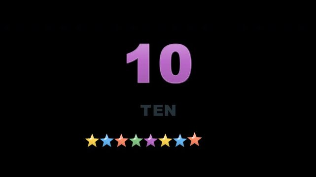 Playful educational number learning animation for kindergarten and preschool children, showing numbers 1 to 10 with corresponding English words and visual counting objects. Designed for early childhoo