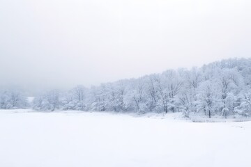 Obraz premium Snow covered forest and frozen field on a foggy winter day in Japan