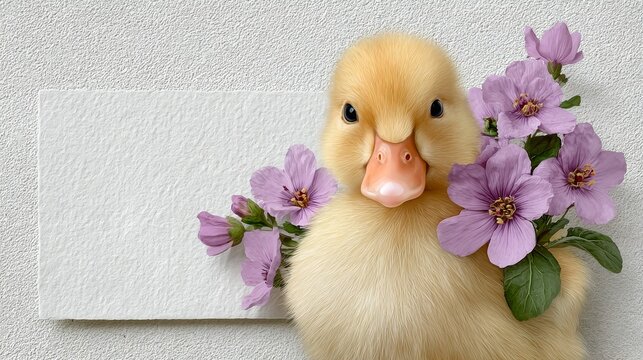 A fluffy yellow duckling surrounded by purple flowers next to a blank white card against a light background.