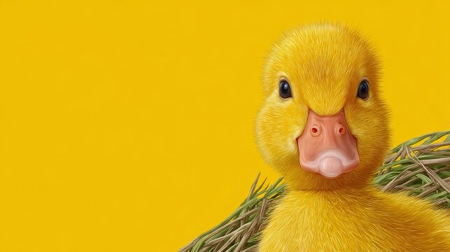 A close-up portrait of a cute fluffy yellow duckling looking forward from a nest against a solid yellow background.