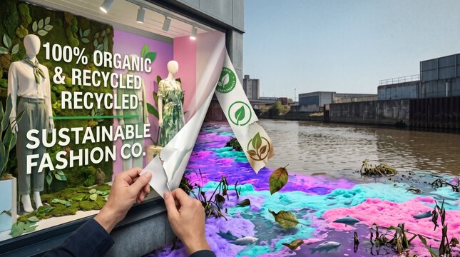 Greenwashing fashion expos&eacute;, billboard promoting sustainable fashion peeling back to reveal river pollution. Conceptual environmental artwork critiques false corporate ecological eco claims.