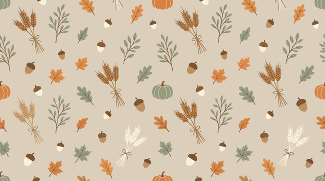 Thanksgiving Autumn seamless pattern with pumpkins and leaves. Fall harvest background with acorns and wheat. Rustic botanical vector illustration. Editable Eps