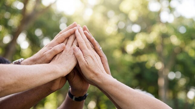 A group of diverse hands comes together in a powerful symbol of unity and teamwork, their fingers interlaced in a gesture of shared purpose and support against a softly blurred natural backdrop.