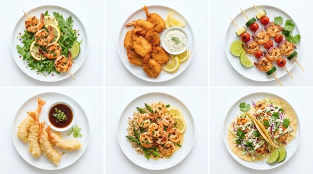 Top Down Grid 6 Shrimp Dish Variations Grilled Fried Skewered Tempura White Background

