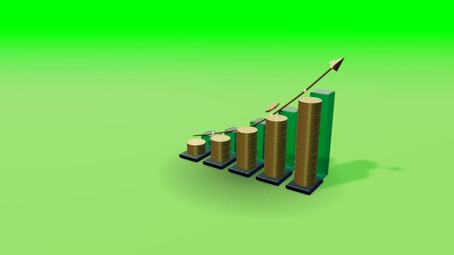Five increasingly tall stacks of detailed gold coins form a staircase alongside translucent green columns. Light beads travel continuously up a golden rising path while a coin moves along the growth c