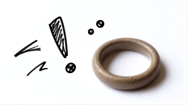 Brown ring beside hand-drawn exclamation mark and sound effects on white background.