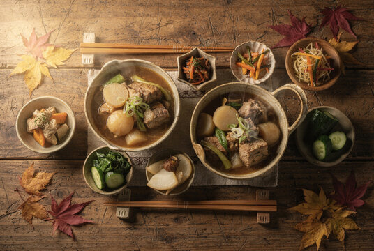 Traditional Japanese Autumn Dinner with Simmered Pork and Daikon Radish