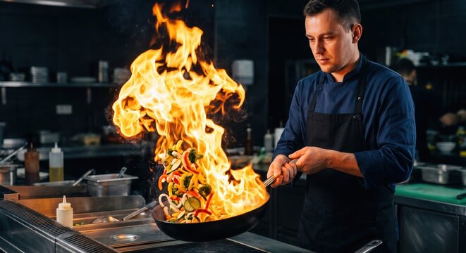 Professional Chef Cooking Vegetables in Flaming Pan