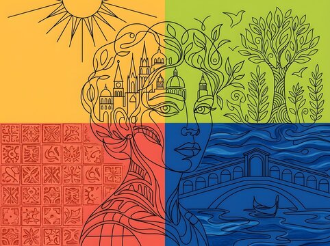 Surreal double portrait with architecture trees river and decorative tiles