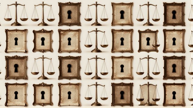Scales of justice amidst framed documents and lockers, symbolizing law's secrets.