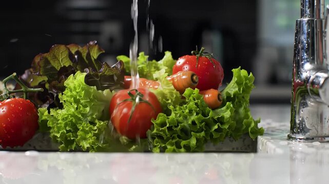 Kitchen sink Tomatoes, lettuce, carrots rinsing