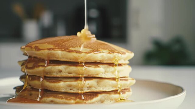 Kitchen pancakes syrup pouring breakfast food