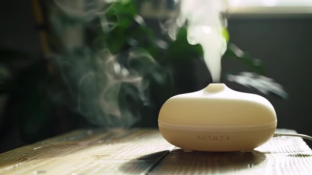Aroma diffuser steaming on wooden table, plants blurred background, home spa