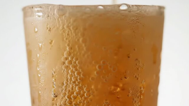 Cold amber beverage pouring, glass condensation, white background, refreshment