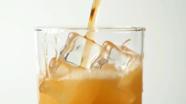 Amber liquid pouring into iced glass; white background; refreshment