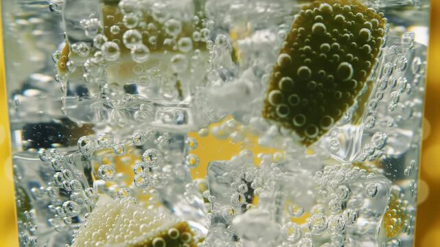 Sparkling lime drink bubbles close-up, ice, yellow background