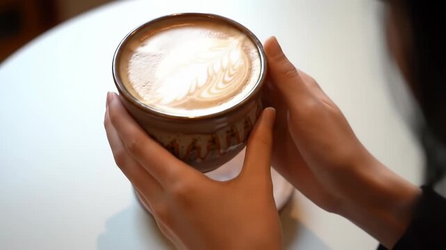 Latte art in ceramic mug, cafe table, blurred background