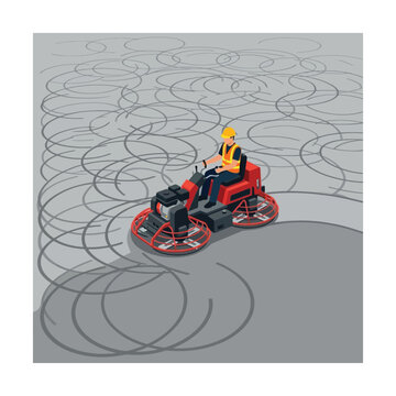 Worker on ride-on power trowel machine finishing concrete surface isometric vector
