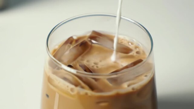 Iced coffee, milk pouring, glass, kitchen, white background, beverage ad