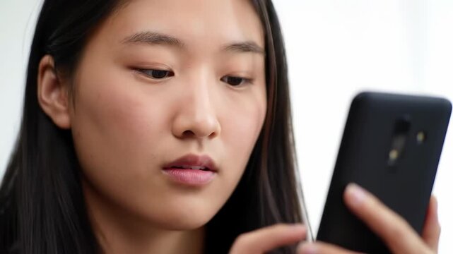 Woman uses smartphone indoors, bright background
