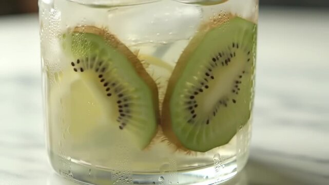 Iced Kiwi Lemon Drink Glass Table Closeup