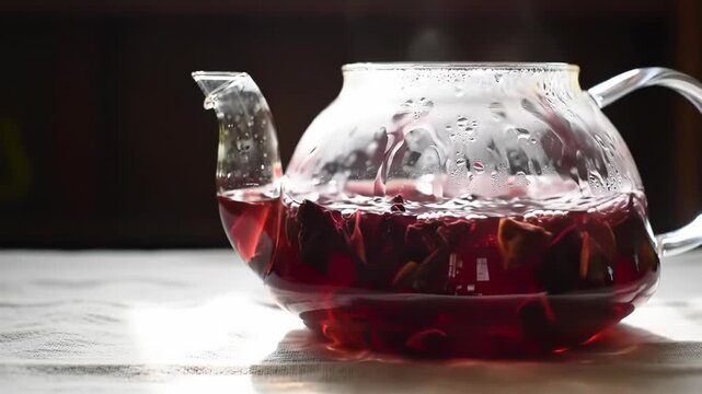 Glass teapot brewing red herbal tea indoors