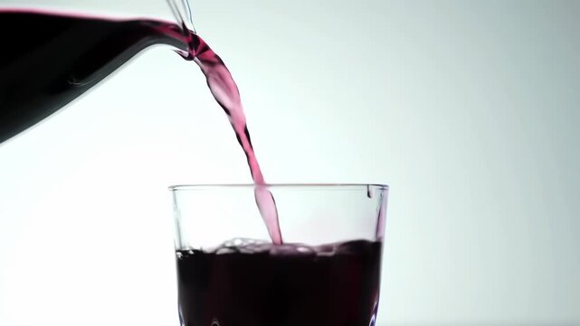 Red liquid pouring into glass, white background, refreshment