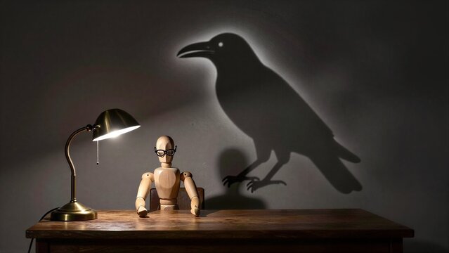 Wooden figure reads under lamp, shadow of crow looms ominously behind.
