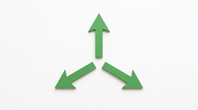 Three green arrows pointing in different directions on white background, symbolizing choices, decisions, strategy, divergence, and multiple business paths available.