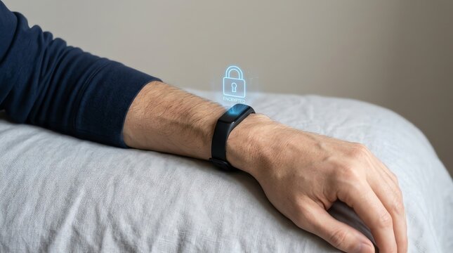 Man wearing a smart fitness band on his wrist with a digital security lock icon projected above it