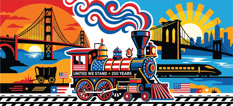 Patriotic steam train with golden gate bridge, brooklyn bridge, and american flag motifs