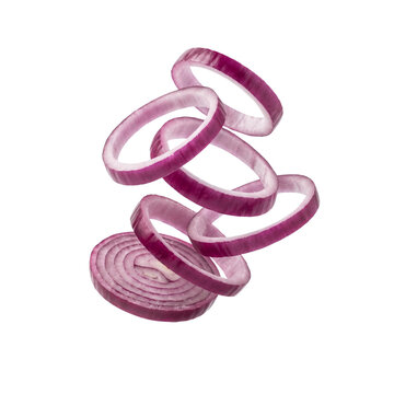 Red onion rings floating as an isolated PNG cutout