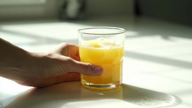 Hand holding orange juice glass, sunny kitchen