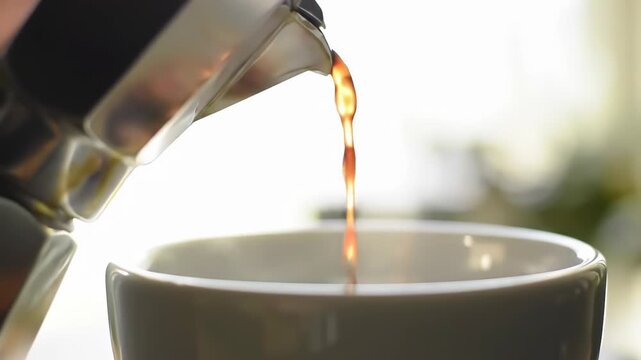 Espresso pouring kitchen cup bright background