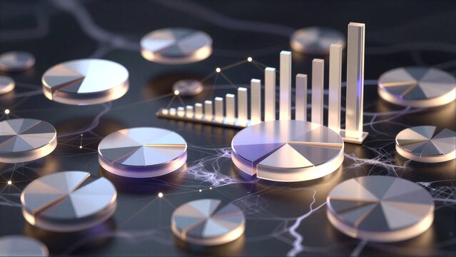 Abstract data visualization with metallic charts and glowing network connections.