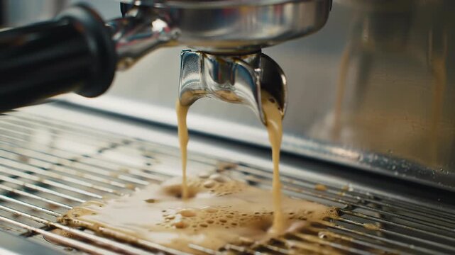 Espresso machine drips coffee onto grid, cafe backdrop