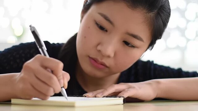 Teen girl writes notes indoors, bright background, studying