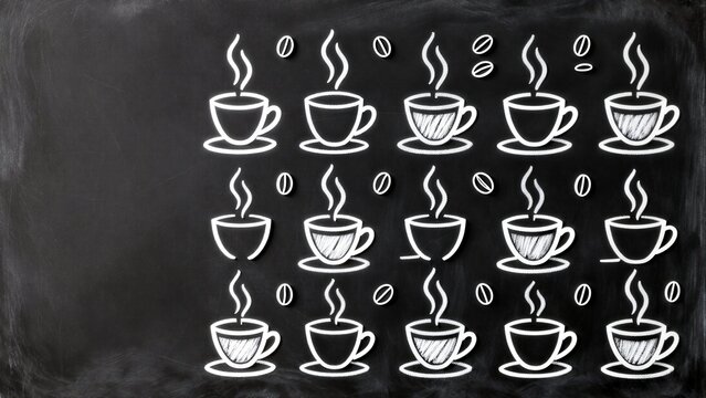 Chalk drawings of steaming coffee cups and beans on a blackboard.