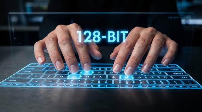 Futuristic digital 128-bit encryption interface with hands typing on a virtual neon holographic keyboard for secure data technology concept