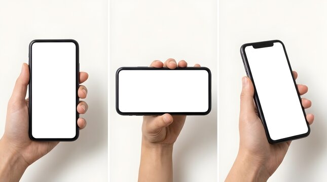 Hand holding smartphone with blank screen in multiple orientations