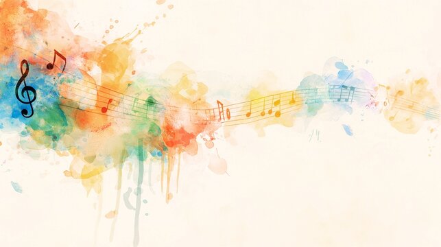 Abstract musical background artwork featuring colorful watercolor paint drips and musical notes dancing on a staff