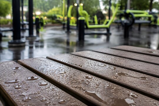 Senior fitness park bench surface with water droplets after rain and exercise equipment in soft focus