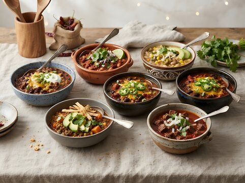 Many bowls of spicy chili con carne with beans and fresh cilantro served on a rustic kitchen table. chili cookoff