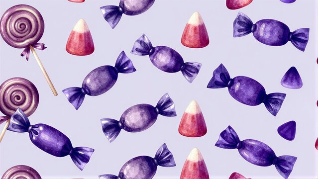 Purple lollipops and candy wrappers float whimsically against a soft lavender background.
