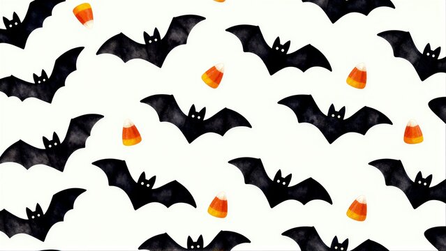 Black bats and candy corn scattered on a white background for Halloween fun.