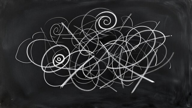 Chalk scribbles on blackboard, tangled loops and circles in white.