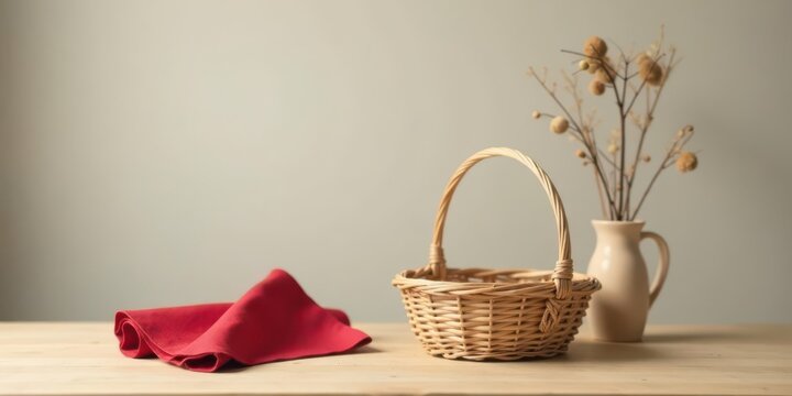 Empty wicker basket on wooden table with red cloth and dried flowers in vase