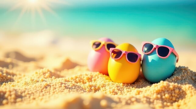 Three colorful eggs wearing sunglasses on a sunny beach enjoying a relaxing vacation