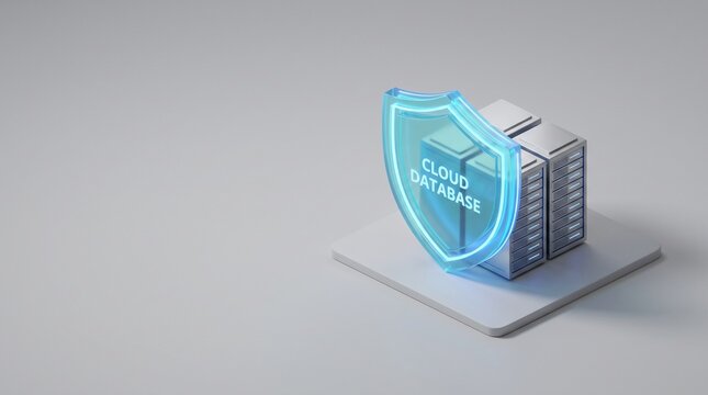 3D render of a secure cloud database server protected by a glowing shield concept